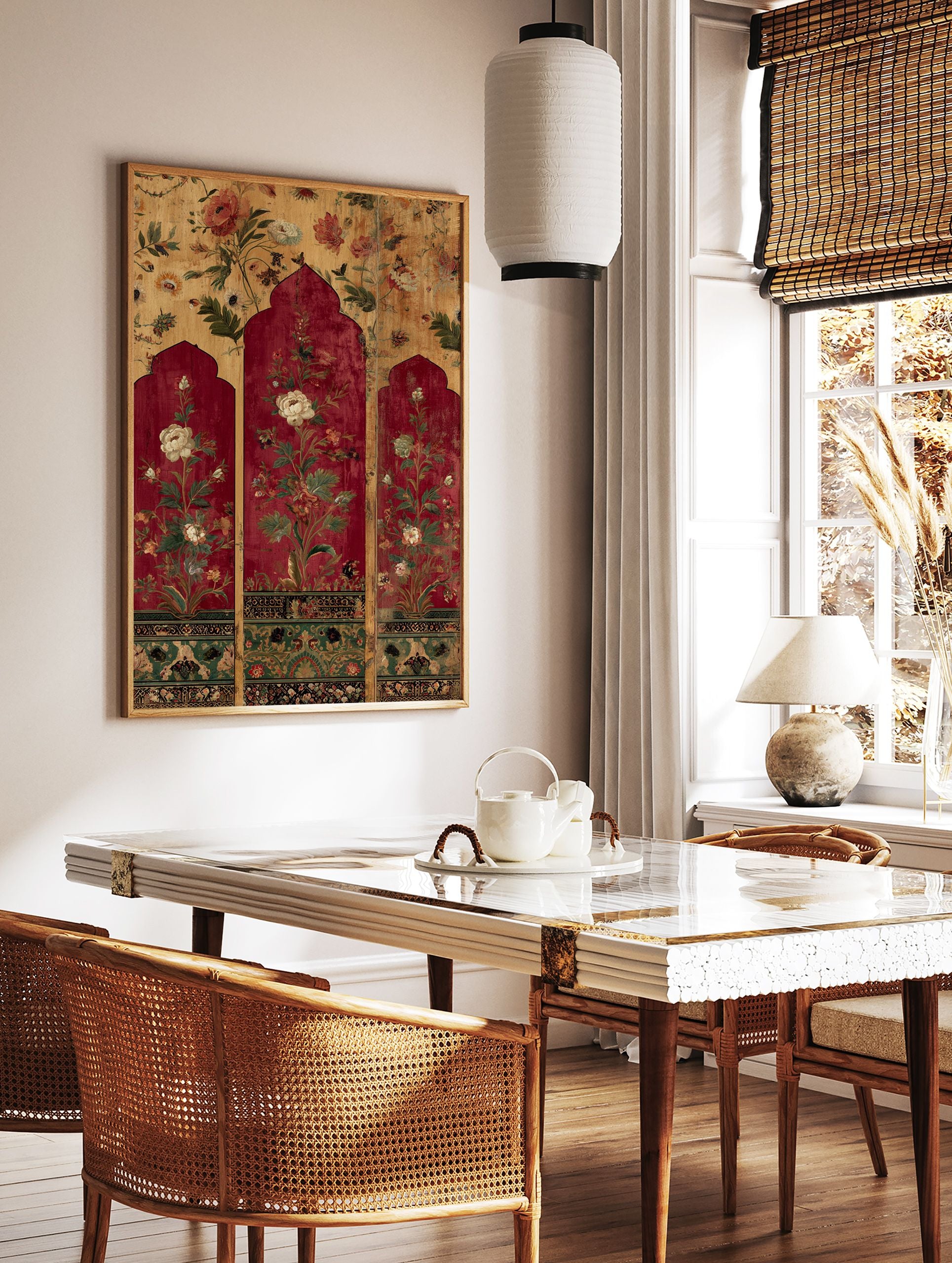 Three panel Indian botanical wall art with red arches, white and red flowers, and gold background with intricate patterns. - Image 3