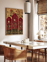 Three panel Indian botanical wall art with red arches, white and red flowers, and gold background with intricate patterns. - Image 3