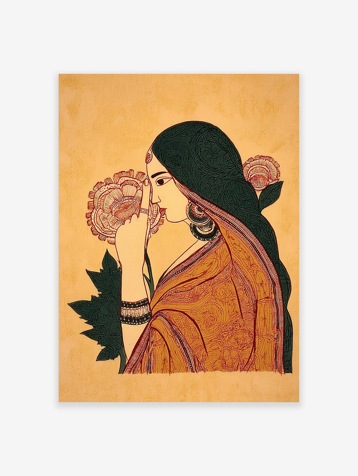 Traditional Indian woman illustration art print with orange sari, green hair, and yellow background, holding a flower.