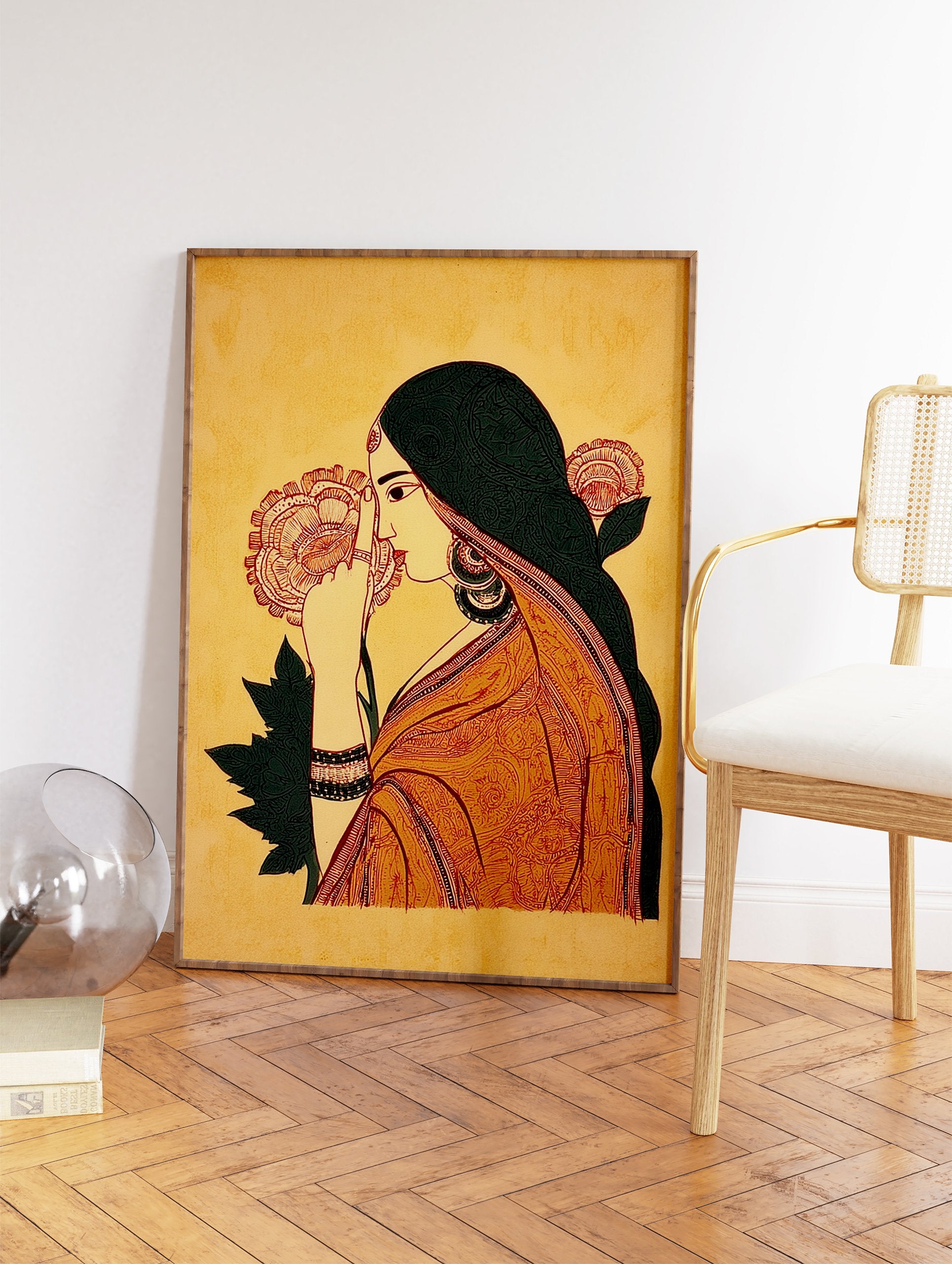 Traditional Indian woman illustration art print with orange sari, green hair, and yellow background, holding a flower. - Image 2