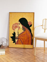 Traditional Indian woman illustration art print with orange sari, green hair, and yellow background, holding a flower. - Image 2