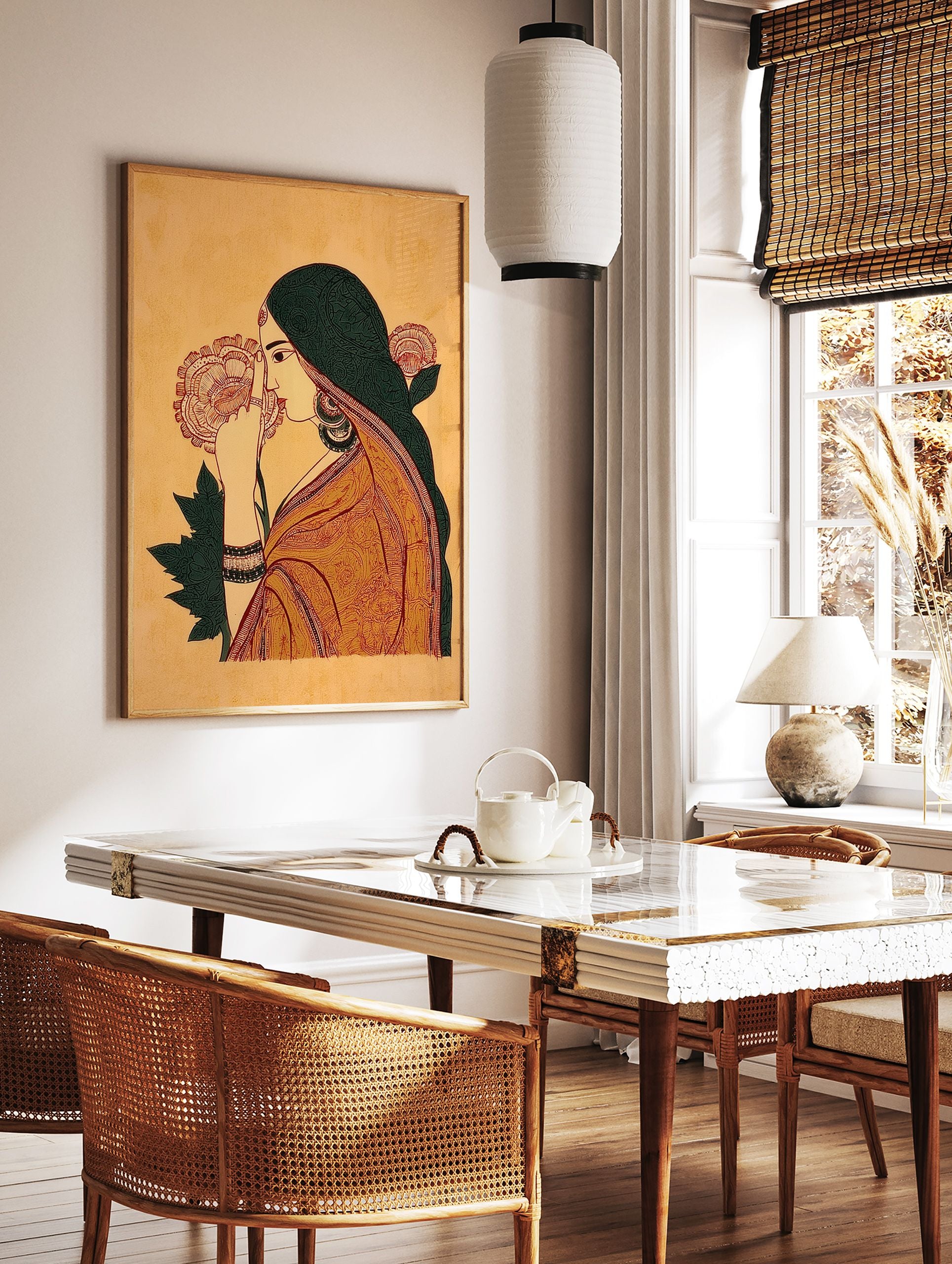 Traditional Indian woman illustration art print with orange sari, green hair, and yellow background, holding a flower. - Image 3