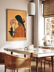Traditional Indian woman illustration art print with orange sari, green hair, and yellow background, holding a flower. - Image 3