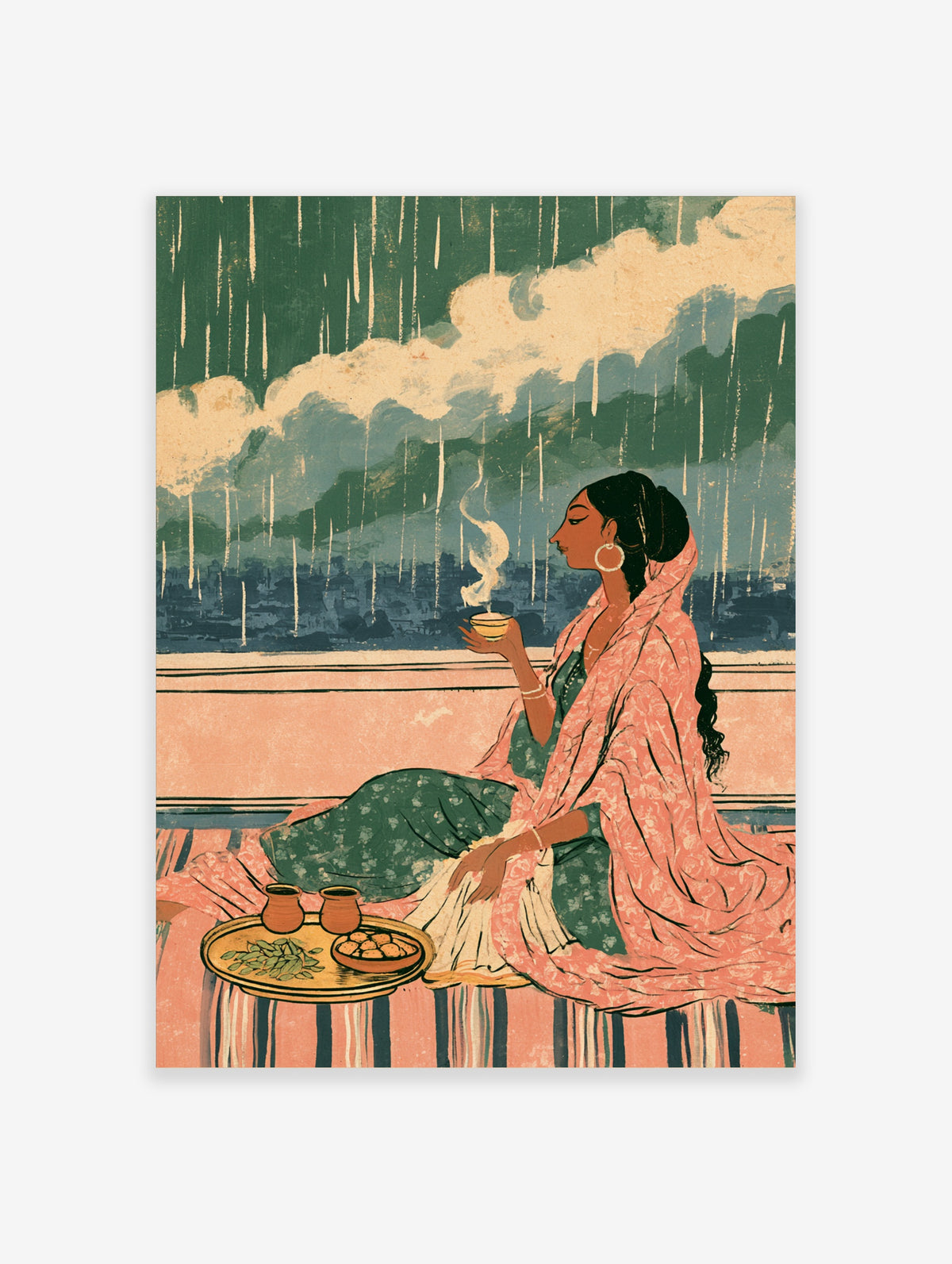 Indian woman in pink shawl drinking chai on balcony during monsoon rain, cultural art print