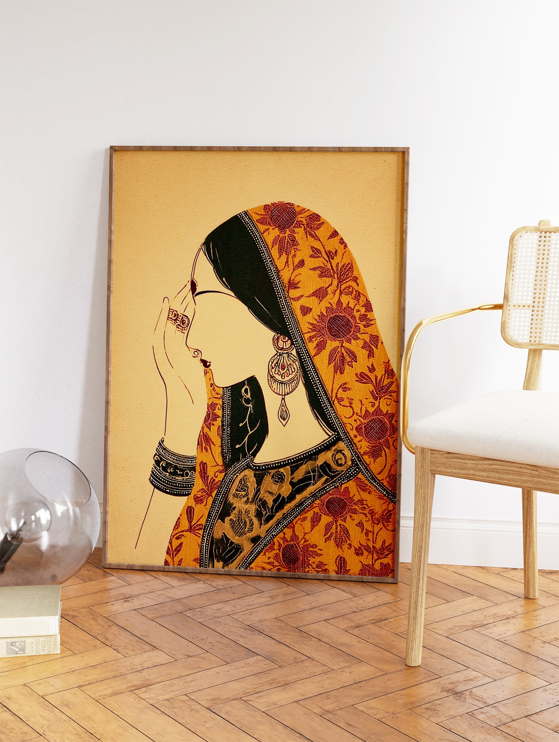 Illustration of an Indian woman wearing traditional yellow, red, and green patterned saree and jewelry, hands raised. - Image 2