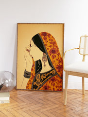 Illustration of an Indian woman wearing traditional yellow, red, and green patterned saree and jewelry, hands raised. - Image 2