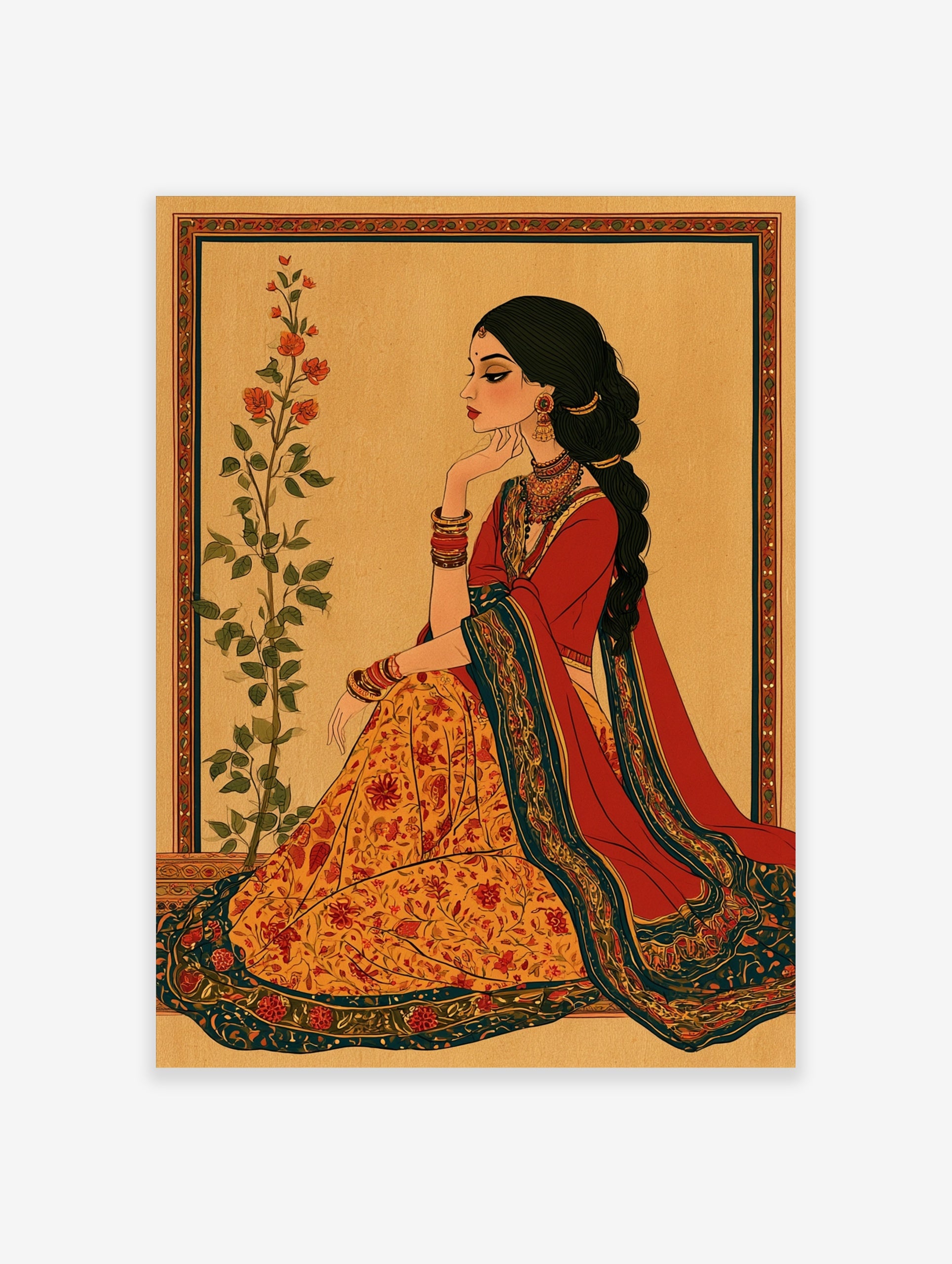 Illustrative Indian woman wall art in red and orange attire with floral botanical elements and gold jewellery on tan