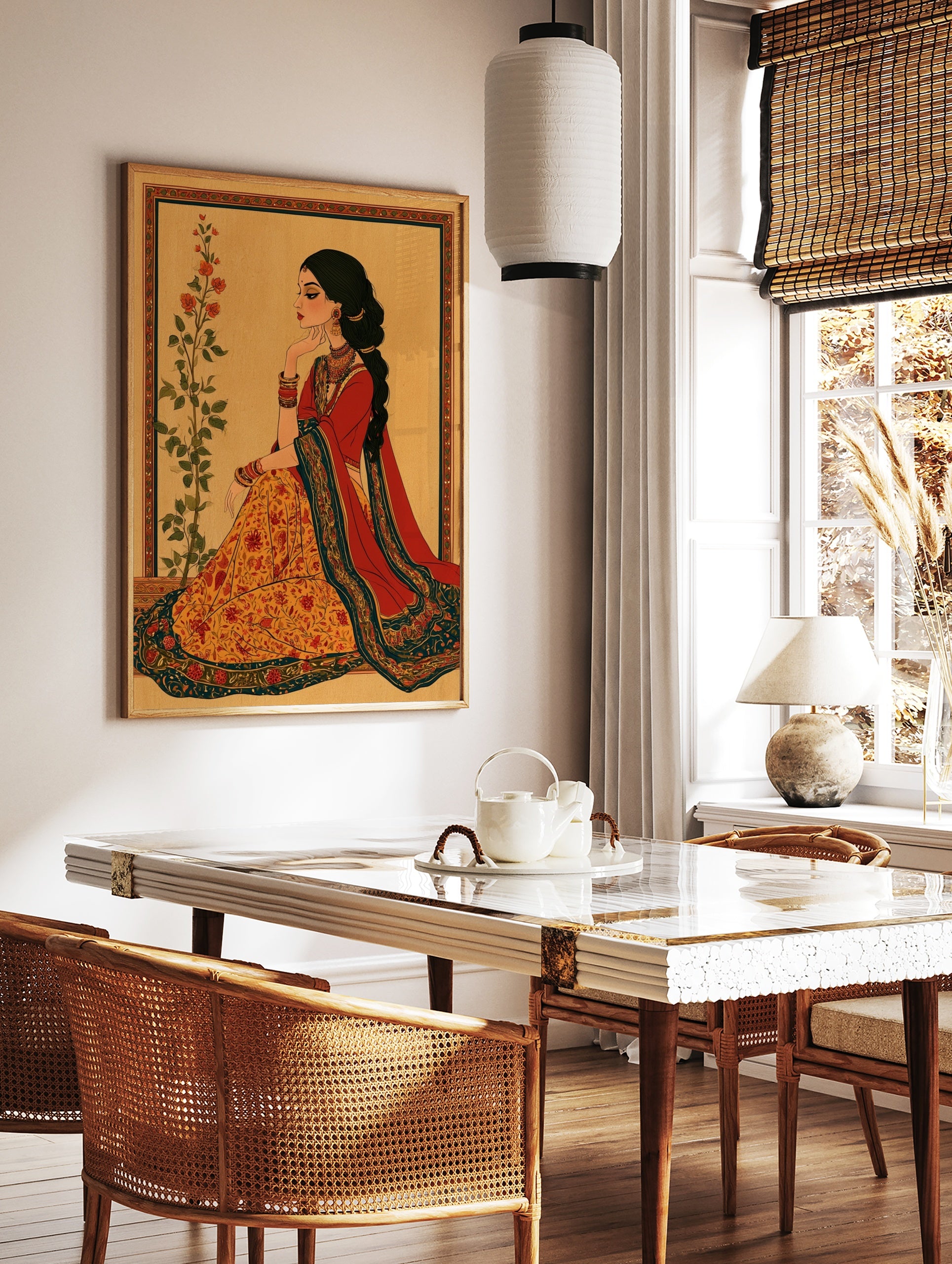 Illustrative Indian woman wall art in red and orange attire with floral botanical elements and gold, in a styled room mockup