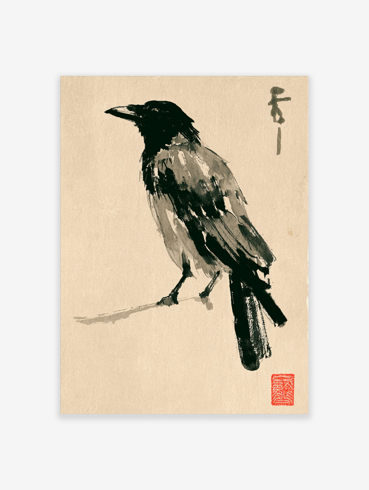 Ink wash crow poster with black bird on branch, grey brush strokes, red seal and calligraphy