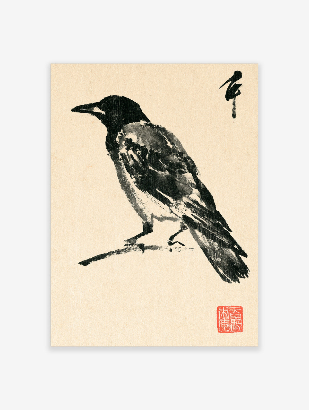 Ink wash crow perched on a branch with red seal and kanji mark on beige paper