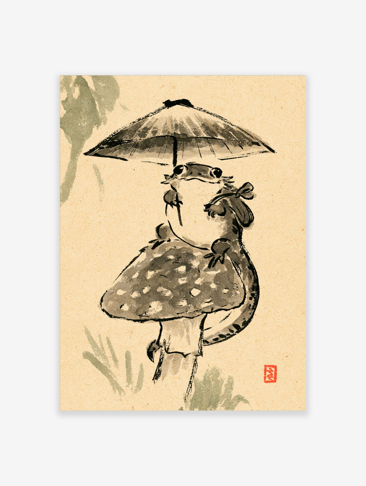 Ink wash frog holding umbrella with spotted mushroom, Japanese sumi-e style animal poster