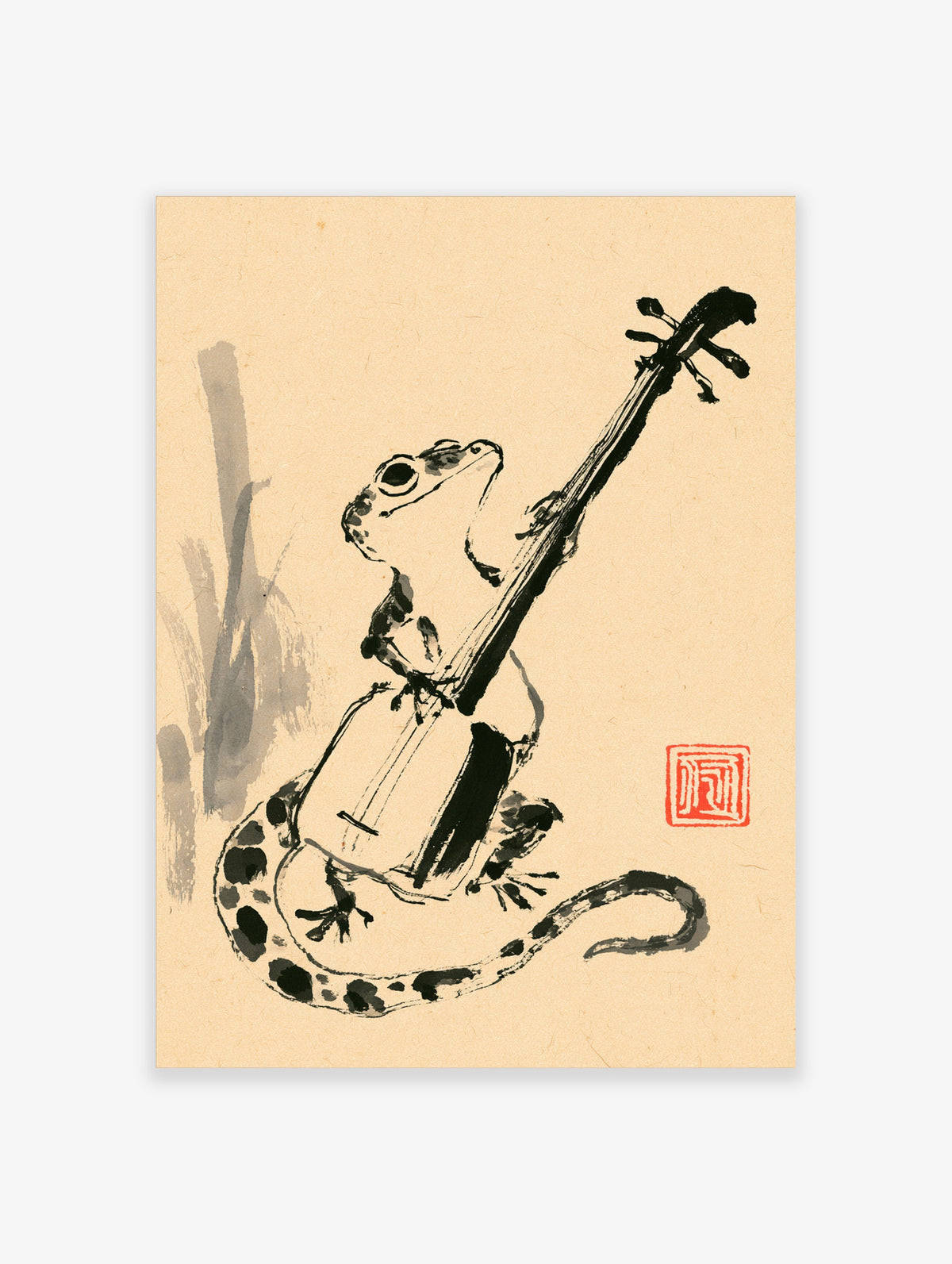 Ink wash frog playing cello with red seal stamp on beige paper