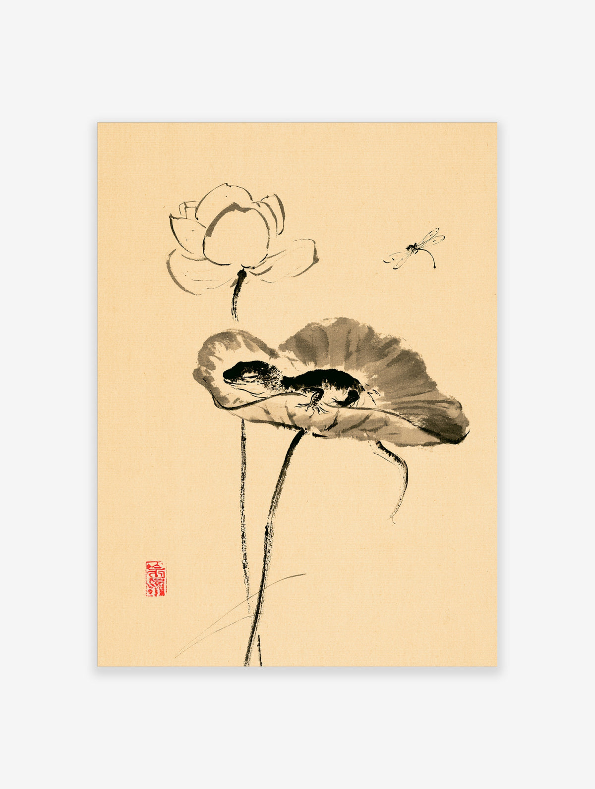 Ink wash lotus and lizard art print with dragonfly and red seal on cream background