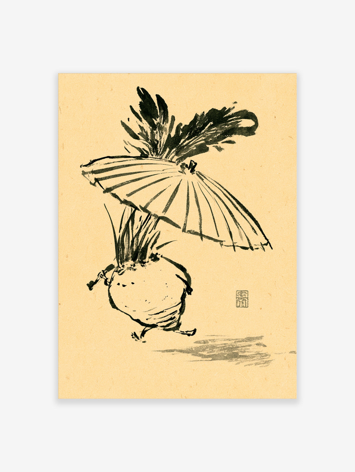 Ink wash turnip with leafy tops and red seal stamp on tan paper