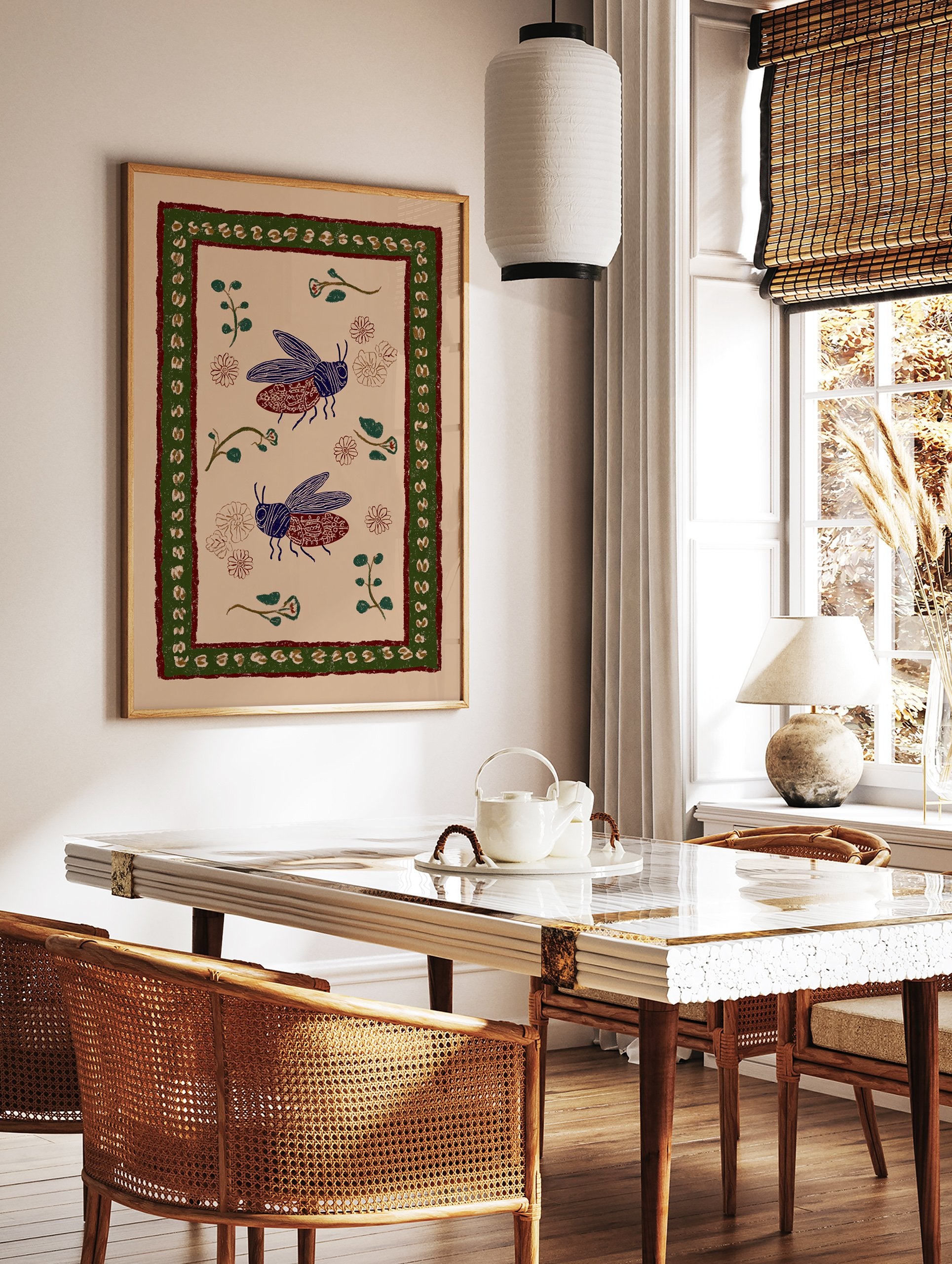 Folk art insect wall art featuring two stylized blue and maroon beetles with botanical elements and a patterned border on beige. - Image 2