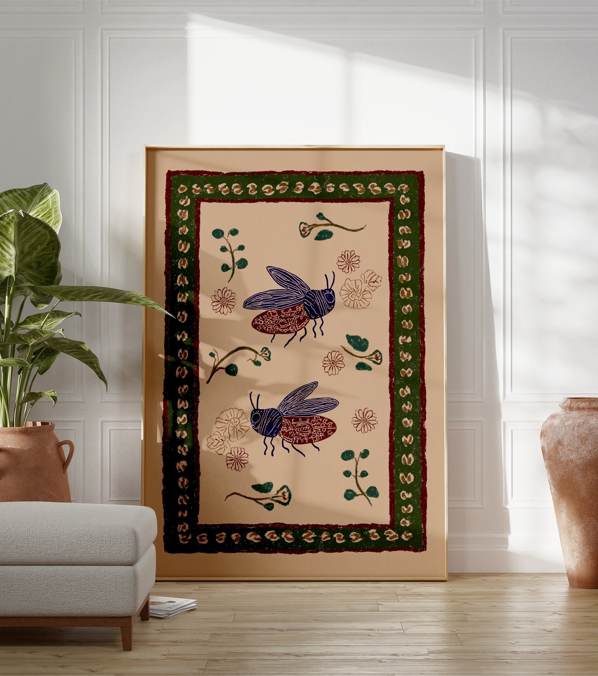 Folk art insect wall art featuring two stylized blue and maroon beetles with botanical elements and a patterned border on beige. - Image 3