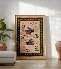 Folk art insect wall art featuring two stylized blue and maroon beetles with botanical elements and a patterned border on beige. - Image 3