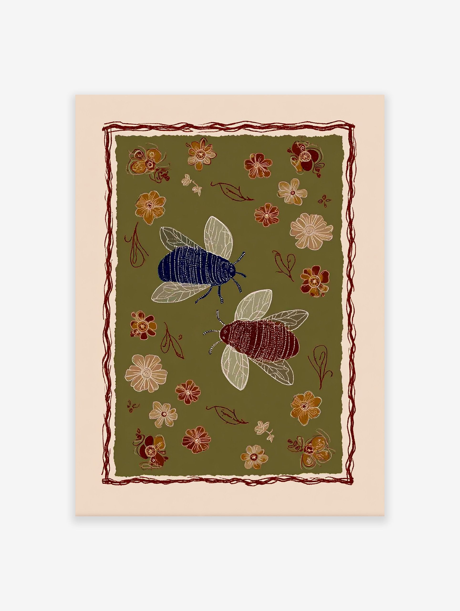 Stylized insect wall art print with blue and maroon bees, folk art flowers, and leaves on an olive green background.