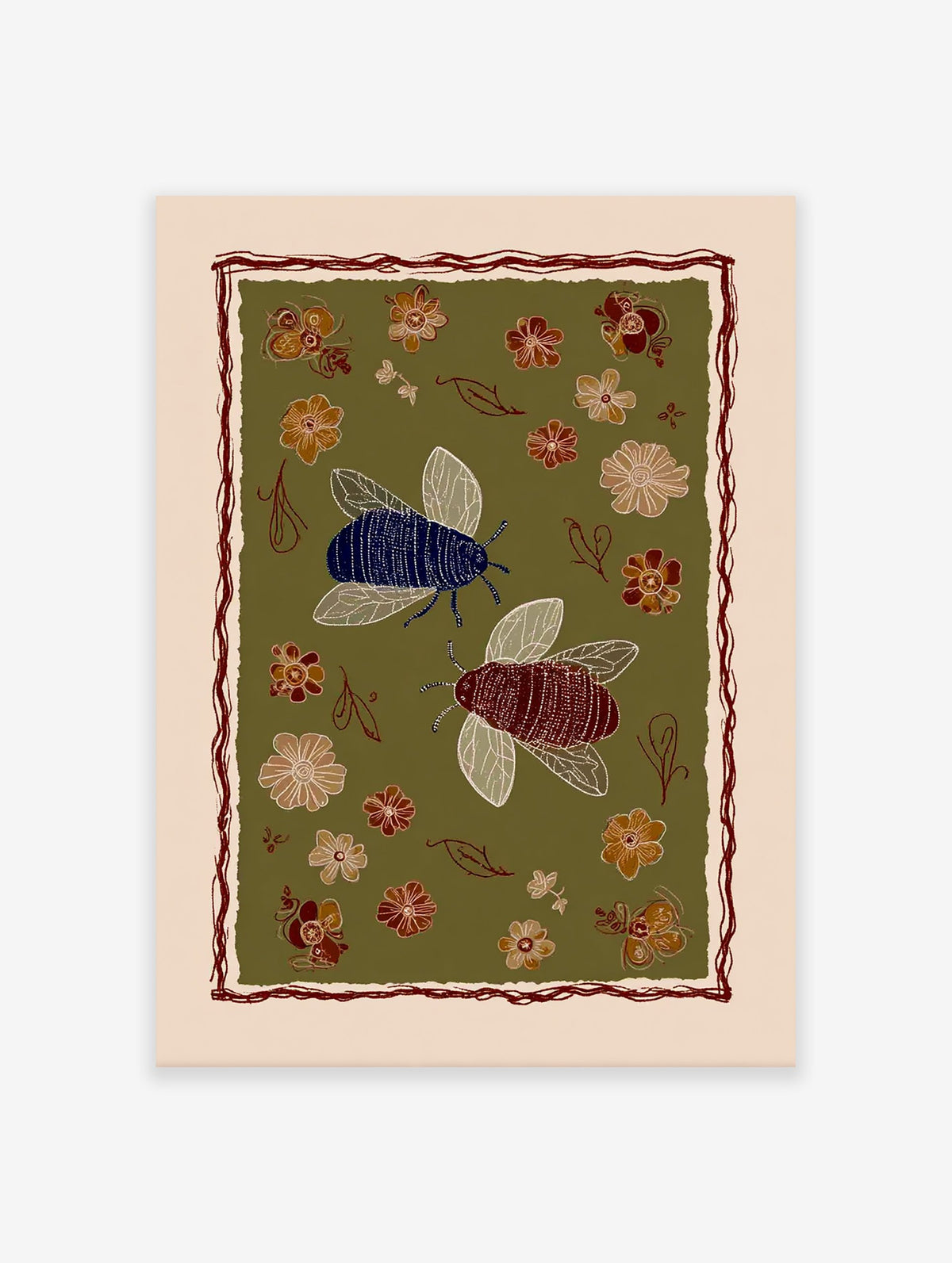 Stylized insect wall art print with blue and maroon bees, folk art flowers, and leaves on an olive green background.