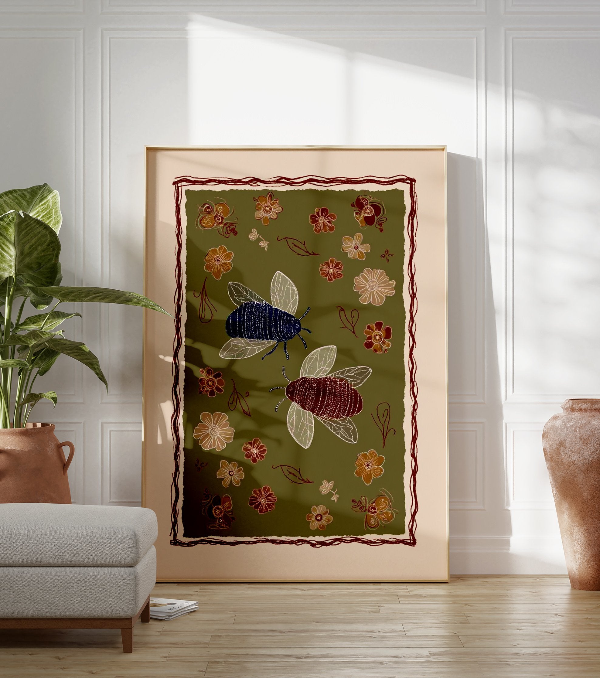 Stylized insect wall art print with blue and maroon bees, folk art flowers, and leaves on an olive green background. - Image 3