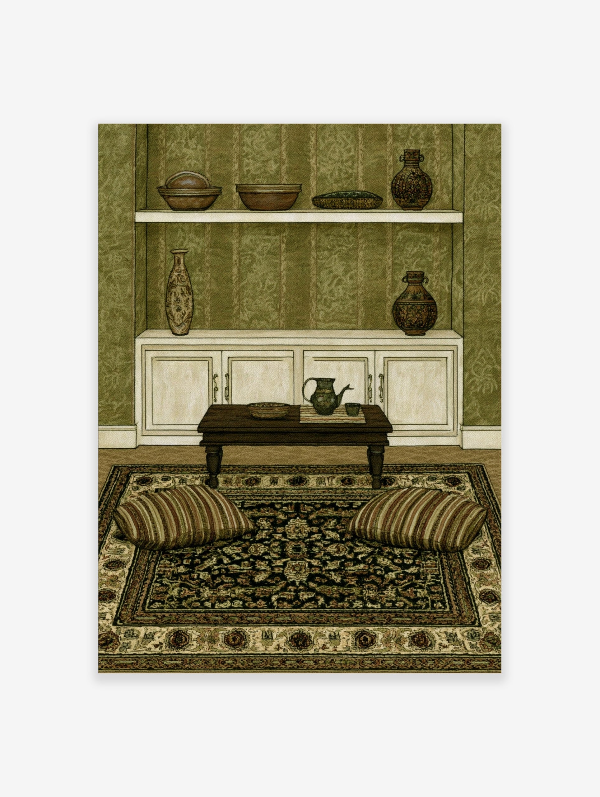 Illustrative interior wall art print featuring a wooden table, pottery, and green wallpaper in a serene room setting