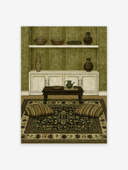 Illustrative interior wall art print featuring a wooden table, pottery, and green wallpaper in a serene room setting