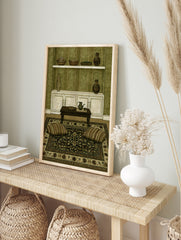 Illustrative interior wall art print featuring a wooden table, pottery, and green wallpaper, in an alternate framed mockup