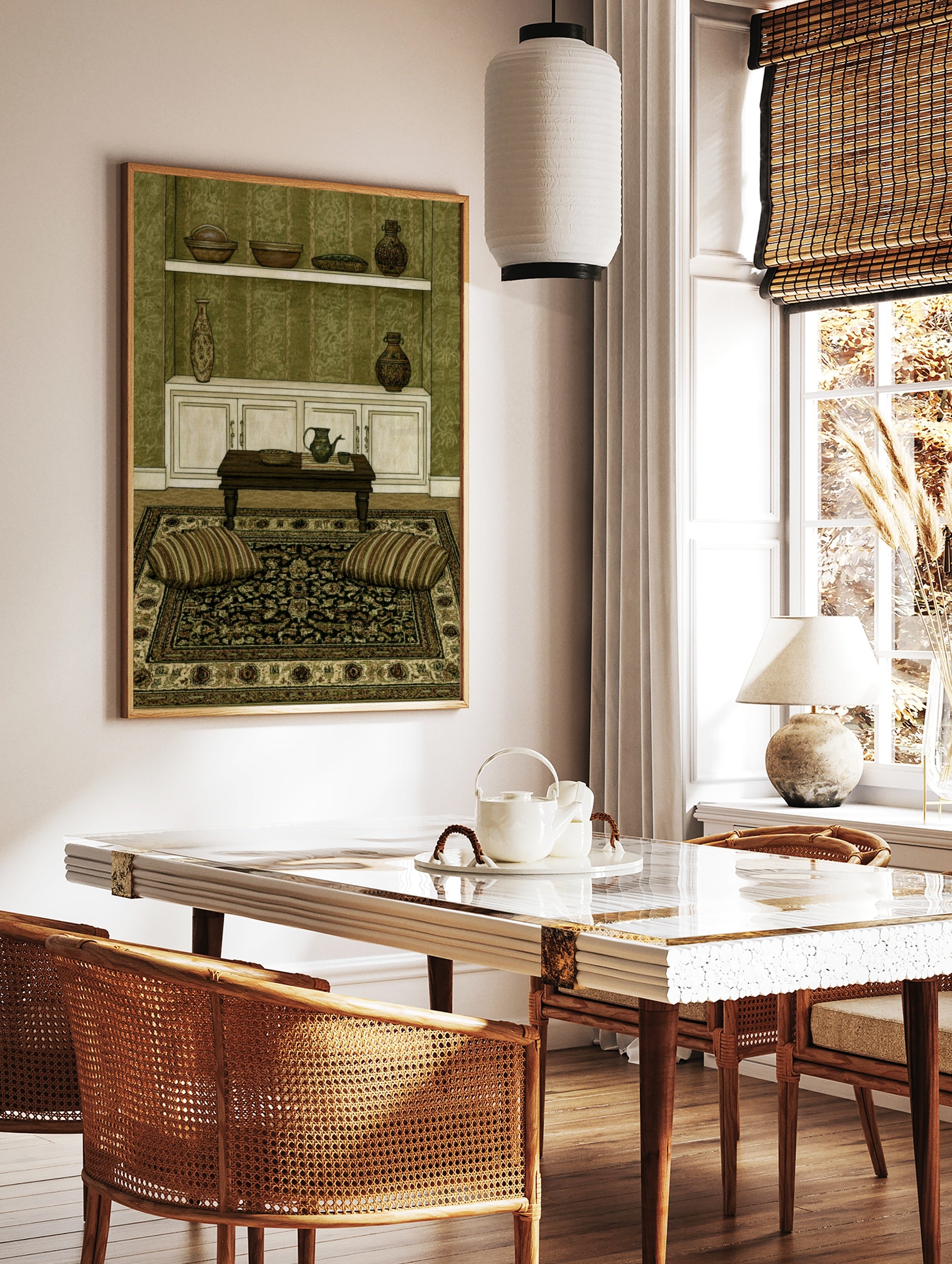 Illustrative interior wall art print featuring a wooden table, pottery, and green wallpaper in a, in a styled room mockup