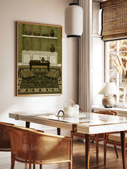 Illustrative interior wall art print featuring a wooden table, pottery, and green wallpaper in a, in a styled room mockup