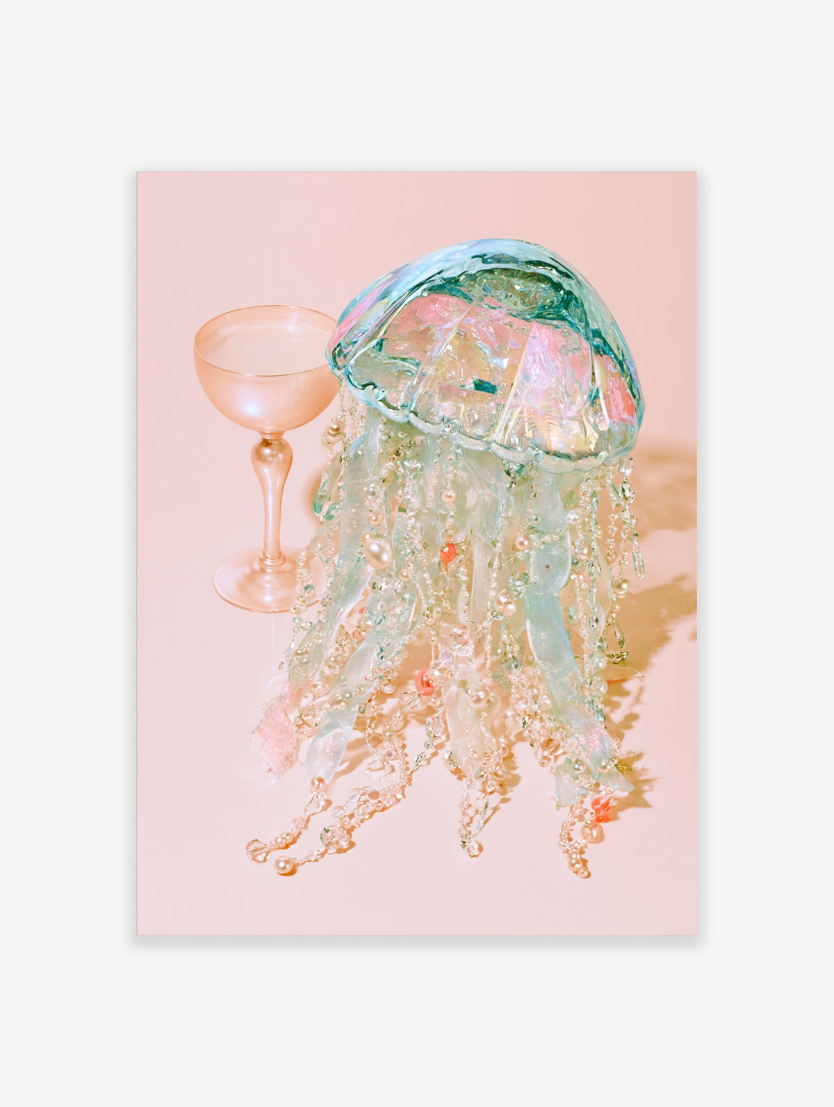 Iridescent jellyfish art print with pink goblet on pink background