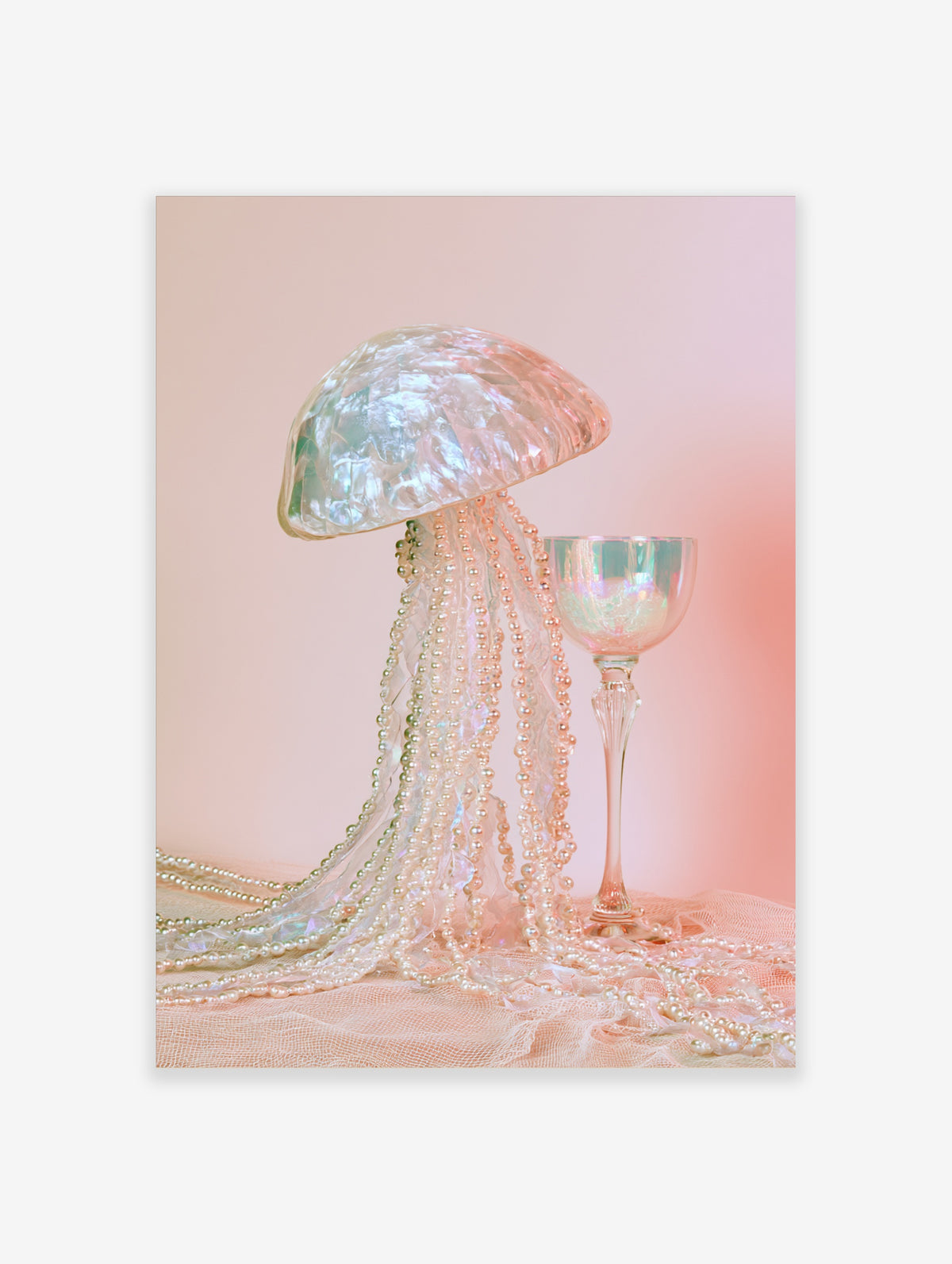 Iridescent jellyfish art print with pearl tentacles and glass goblet on pink background
