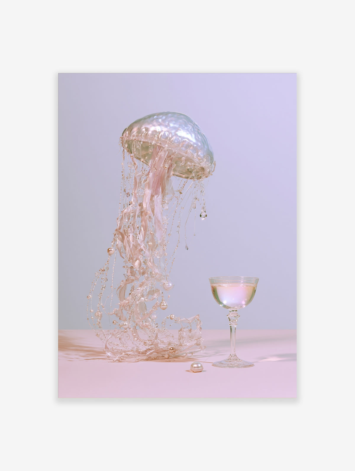 Iridescent jellyfish art print with pearl strands, pink ribbons, and glass goblet on pastel background