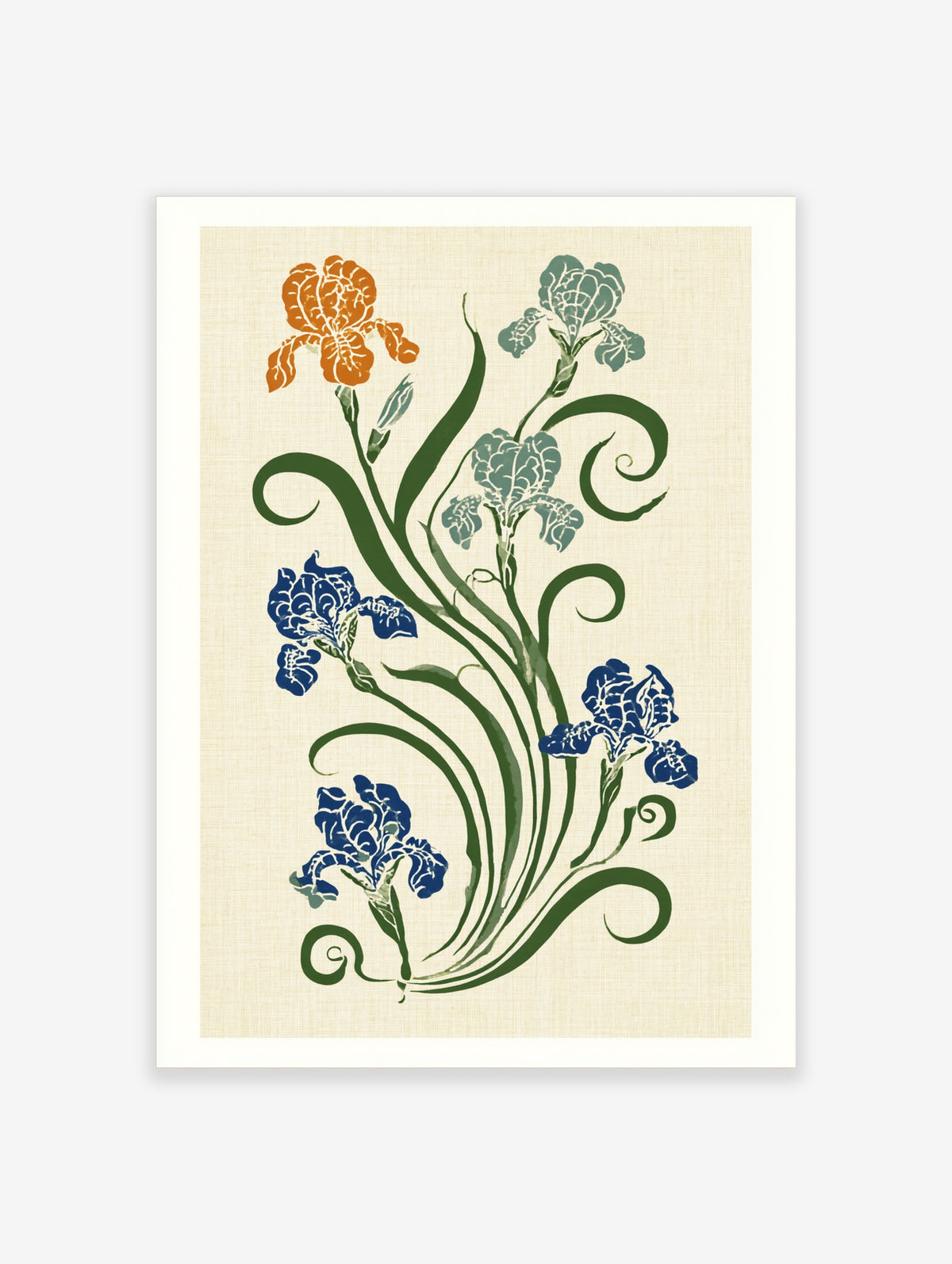 Botanical iris flower art print with orange, teal and blue blooms on green stems against cream background