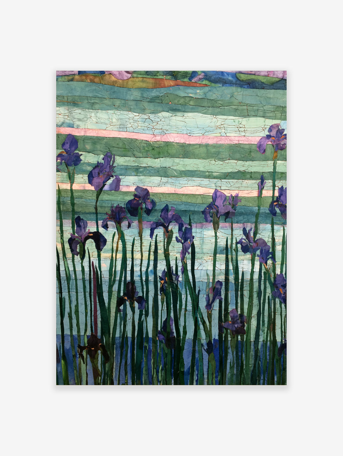 Purple iris flowers with green stems against a textured, multi-coloured striped background in an illustrative art print