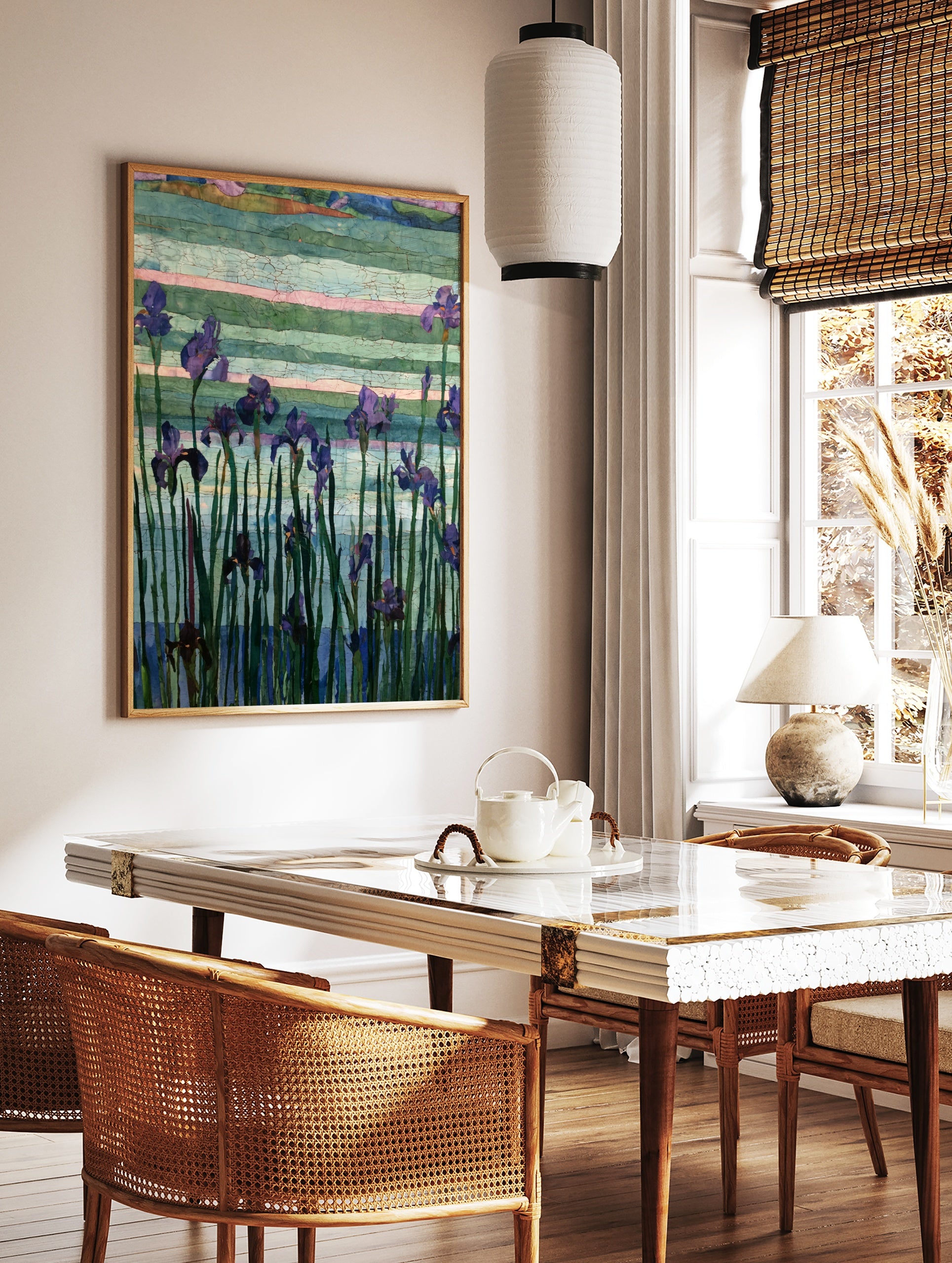 Purple iris flowers with green stems against a textured, multi-coloured striped background in an, in a styled room mockup