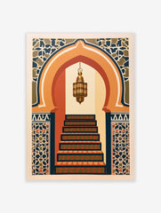 Illustrative print of a Moorish arched doorway with a hanging lantern and geometric tile patterns in orange and navy