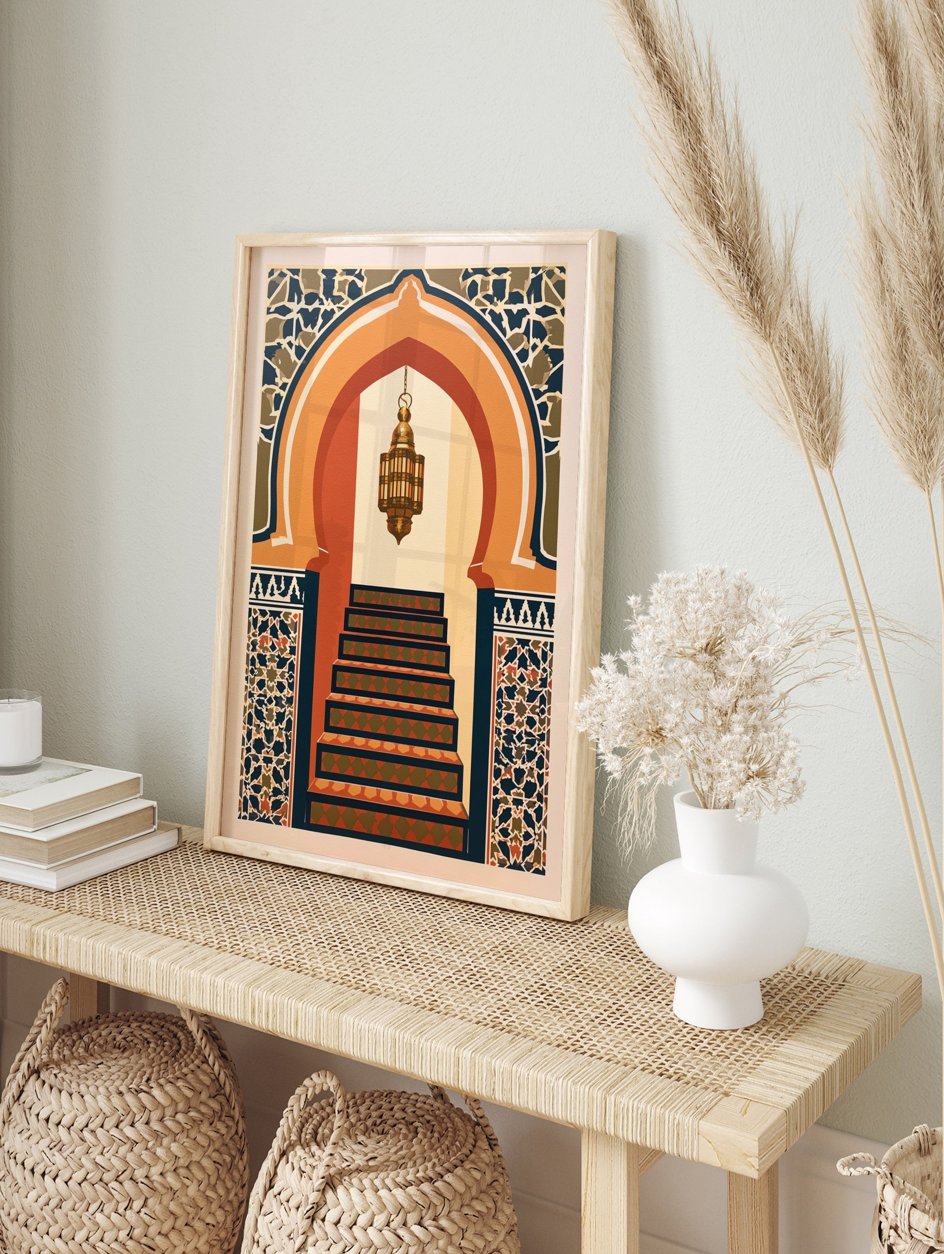 Illustrative print of a Moorish arched doorway with a hanging lantern and geometric tile, in an alternate framed mockup