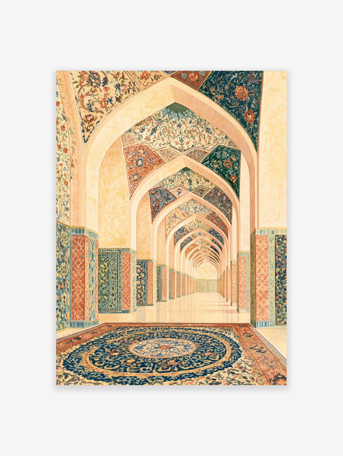 Persian archway corridor with ornate tilework, floral ceiling patterns, and blue medallion rug poster