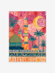 Colourful Islamic architecture wall art with mosques, minarets, palm trees, and Arabic calligraphy on pink background
