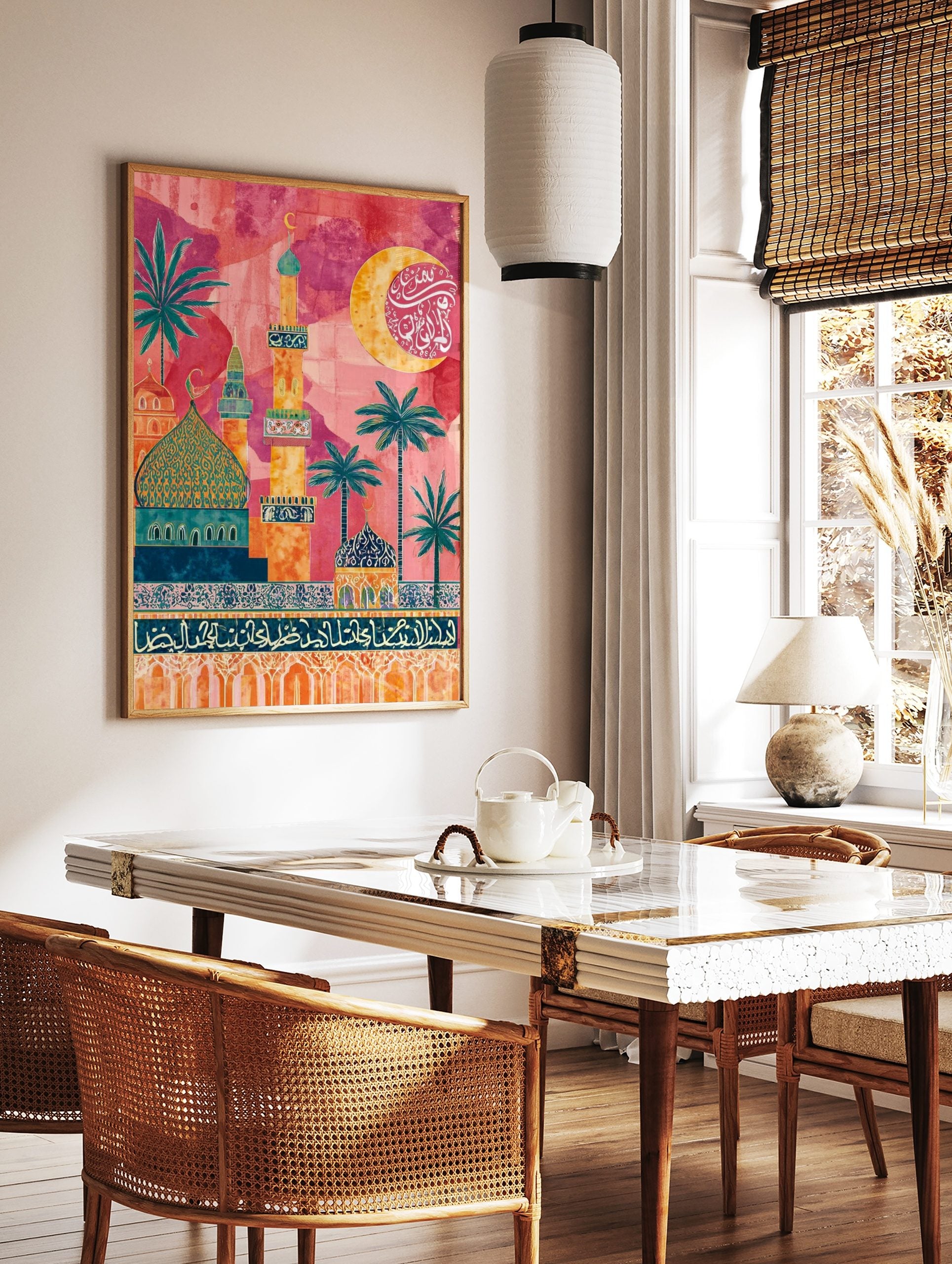 Colourful Islamic architecture wall art with mosques, minarets, palm trees, and Arabic calligraphy, in a styled room mockup