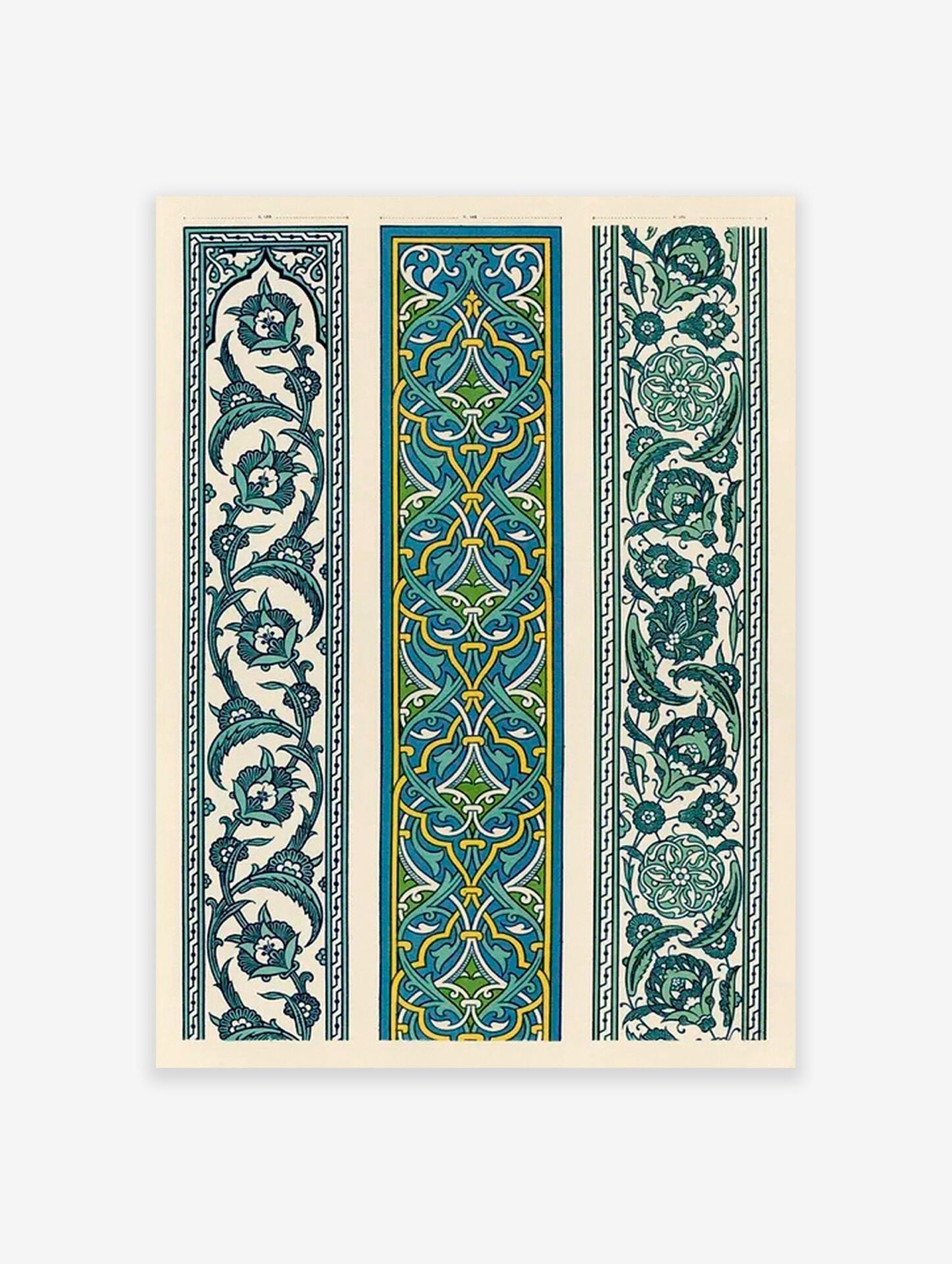 Islamic art poster featuring three vertical decorative panels with intricate teal, green, and yellow patterns and botanical motifs.