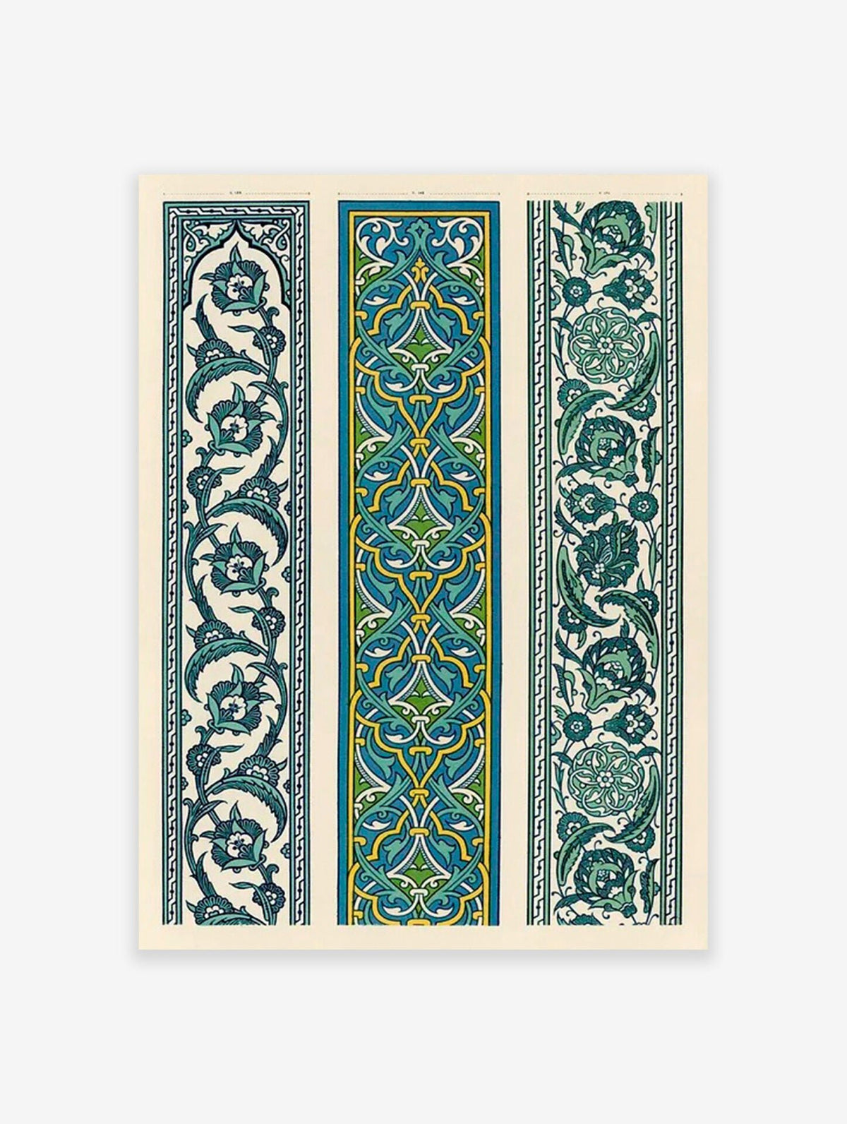 Islamic art poster featuring three vertical decorative panels with intricate teal, green, and yellow patterns and botanical motifs.