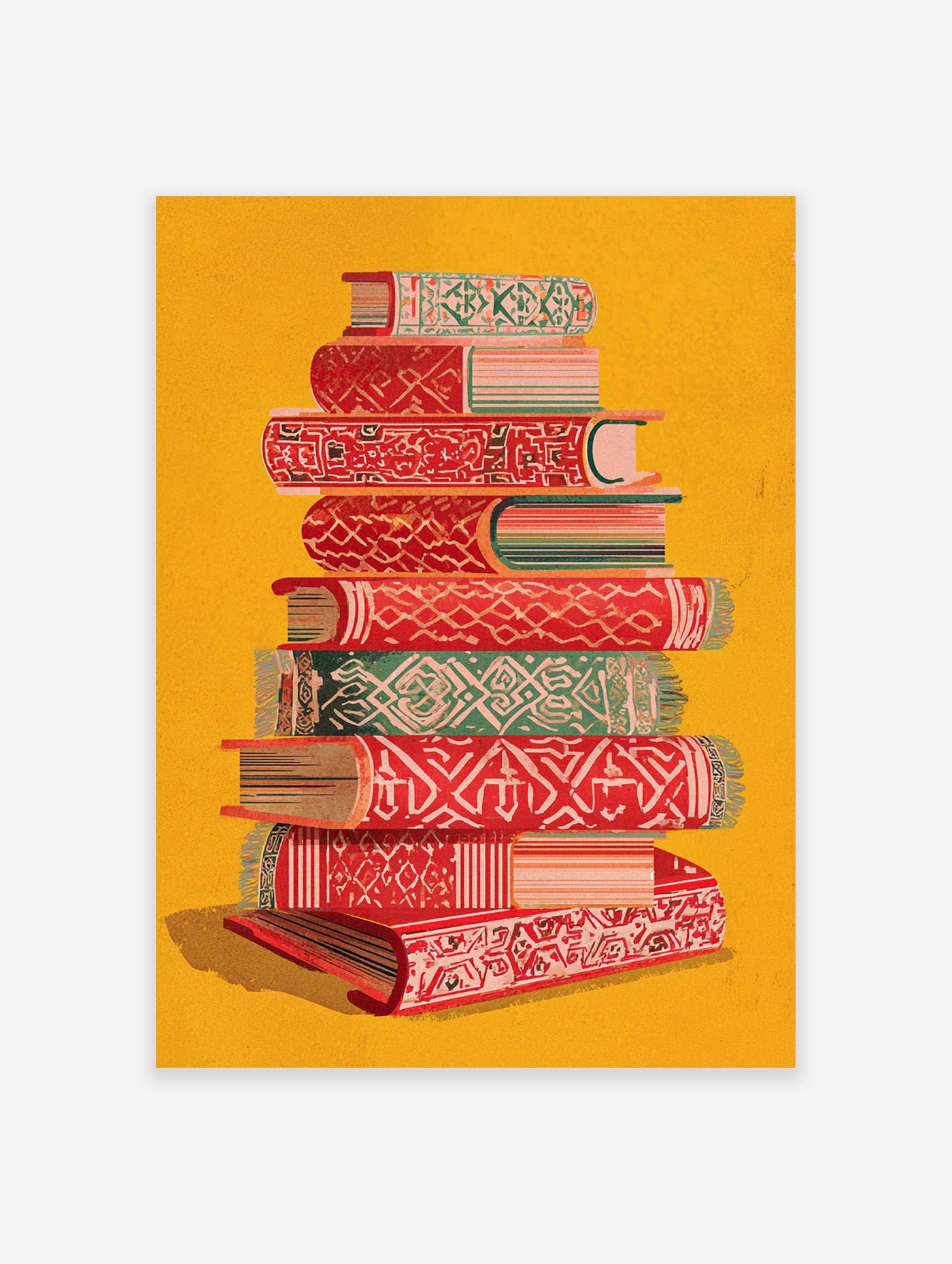 Islamic books wall art with ornate red and green patterns on a vibrant yellow background