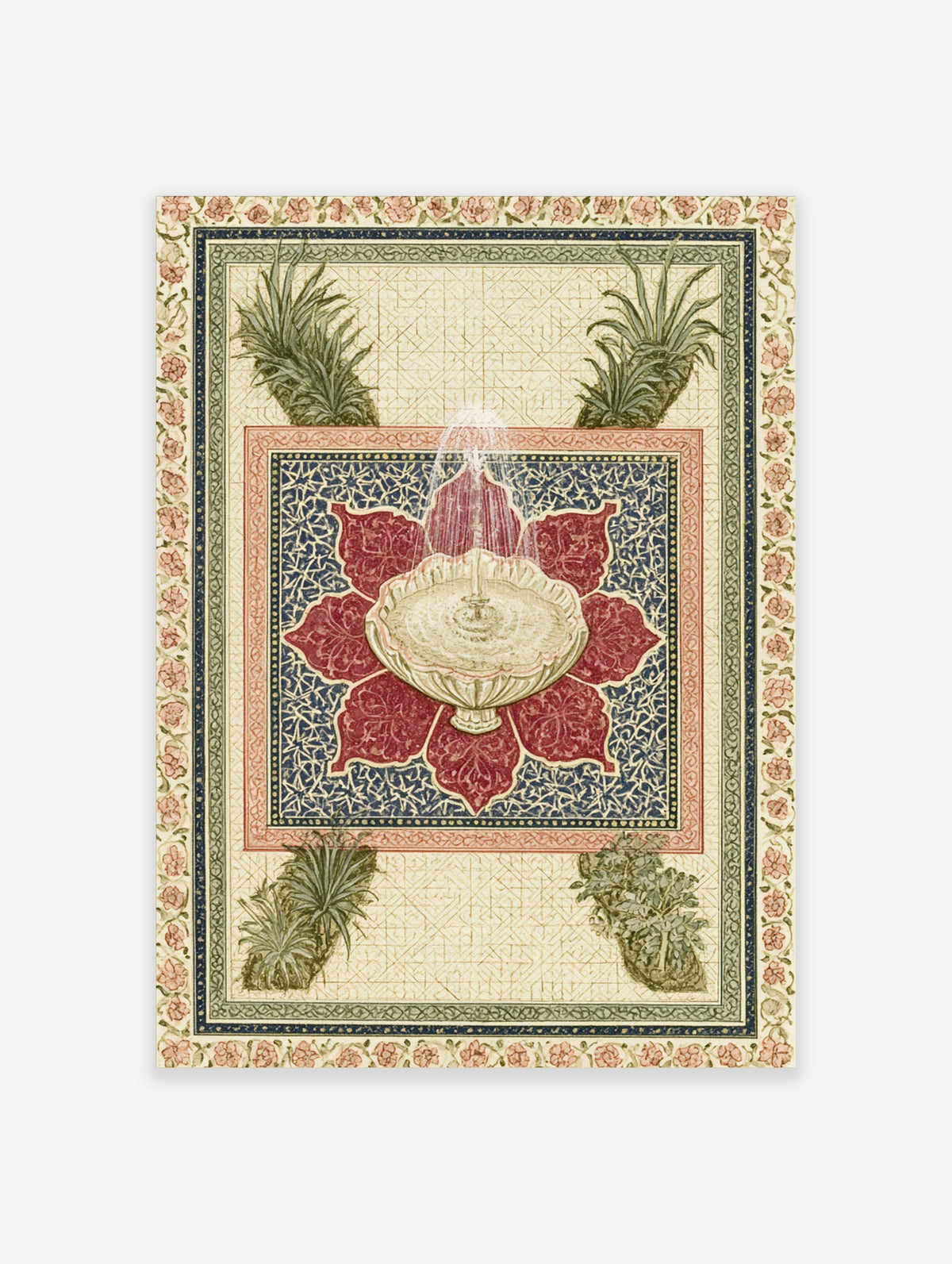 Islamic garden fountain poster with marble basin, red lotus petals, blue tilework and palm plants