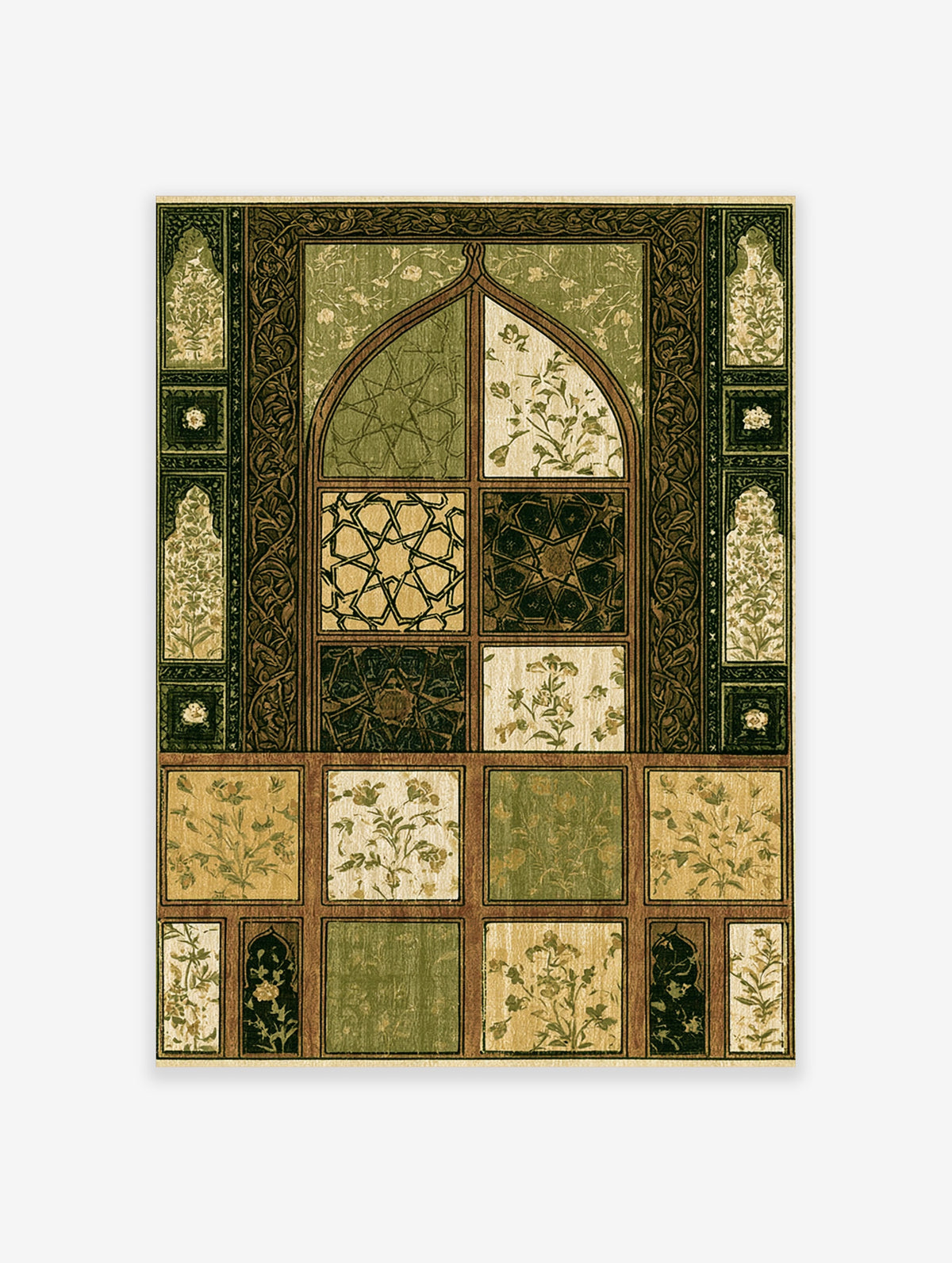 Islamic geometric arch wall art with green botanical panels and ornate borders