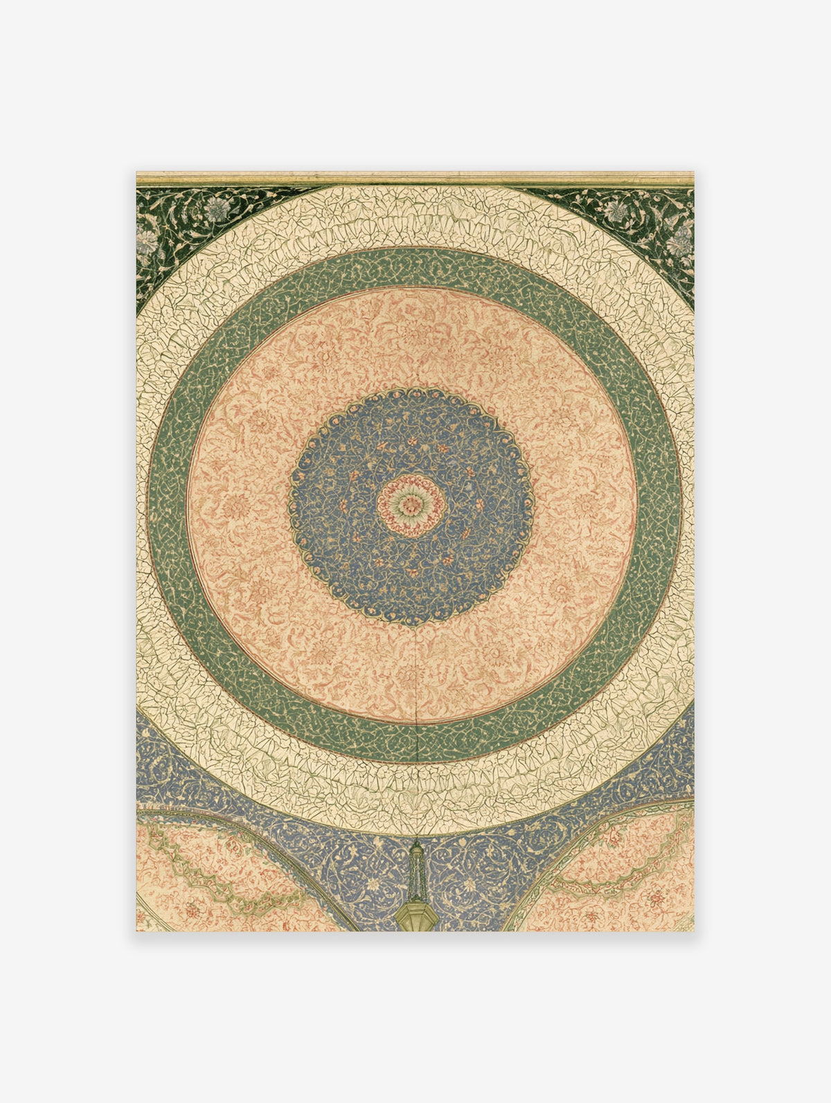 Islamic geometric ceiling art print with blue medallion, green ring and pink floral bands on cream background