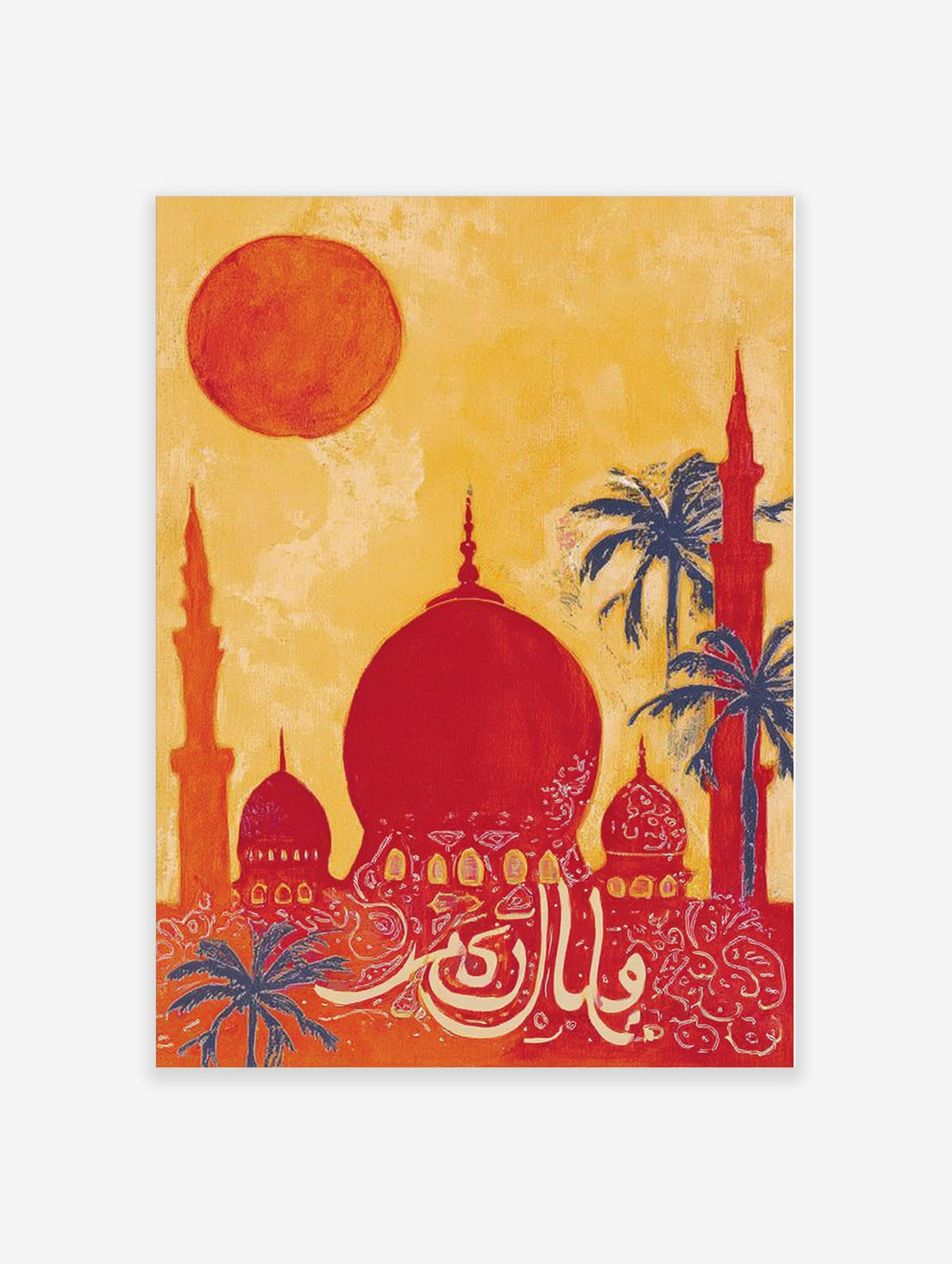 Illustrative print of an Islamic mosque with red domes, orange minarets, blue palm trees, and white Arabic calligraphy