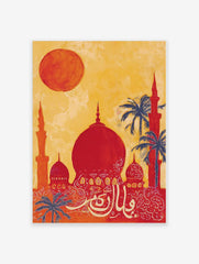 Illustrative print of an Islamic mosque with red domes, orange minarets, blue palm trees, and white Arabic calligraphy