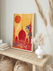 Illustrative print of an Islamic mosque with red domes, orange minarets, blue palm trees, and, in an alternate framed mockup