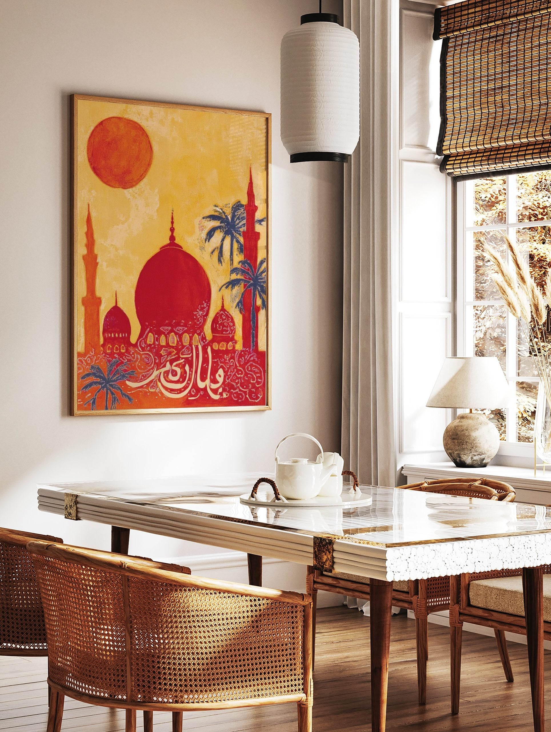 Illustrative print of an Islamic mosque with red domes, orange minarets, blue palm trees, and white, in a styled room mockup
